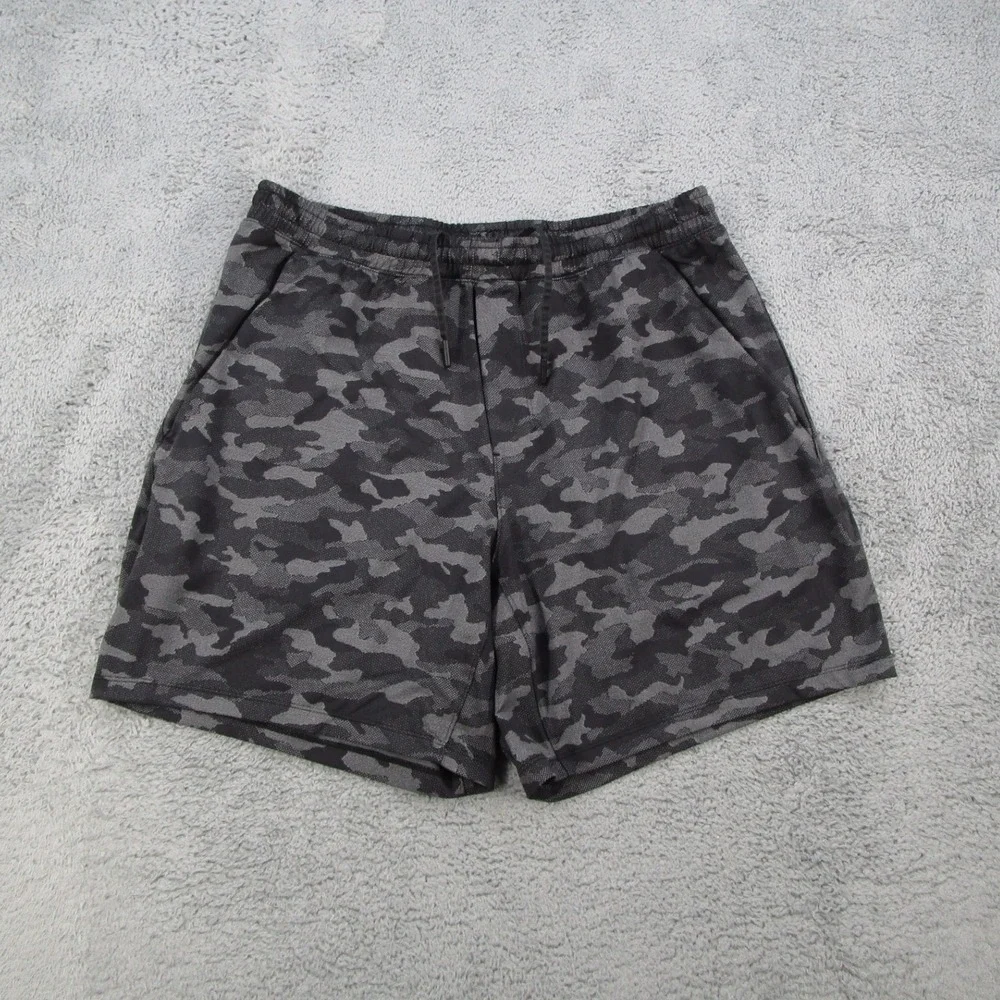 Lululemon Mens Camo Athletic Shorts Grey Black Drawstring Gym Running Size XL